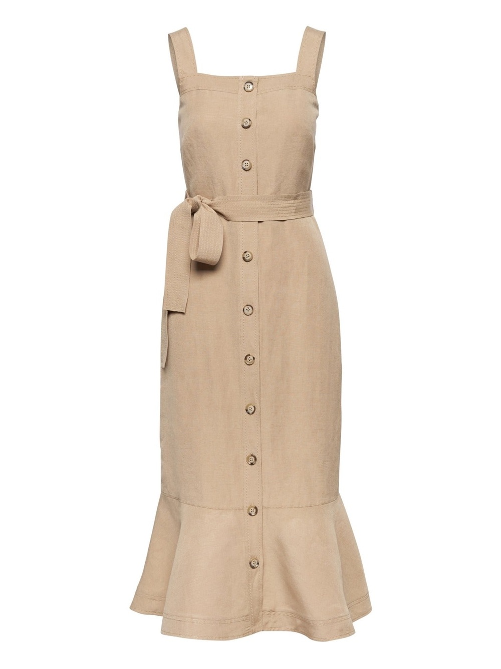 Banana Republic Linen Blend Beige Button-Front Belted Midi Dress Flounced Hem 4